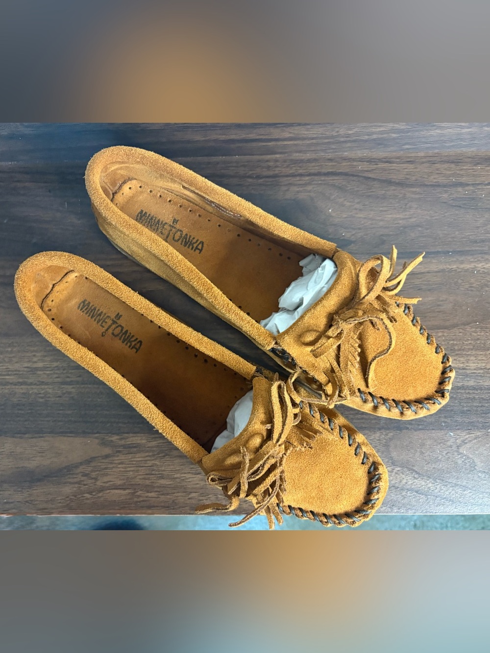 Minnetonka Suede Fringe Moccasins in Tan